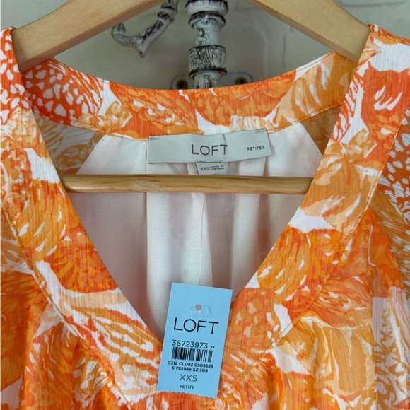 Loft seashell blouse Orange tropical lined v neck Top flutter sleeve XXS petite - Picture 4 of 6